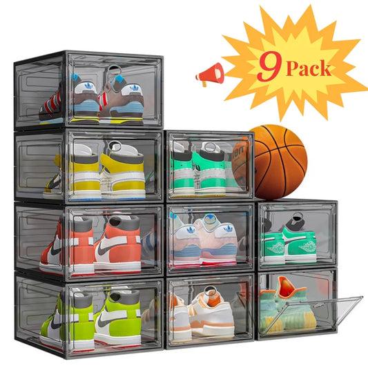 9-Pack Transparent Shoe Storage Boxes with Magnetic Doors